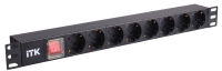 ITK PDU 8 розеток нем. стандарт, с LED выключателем,1U, без шнура, вх. C14, алюминиевый профиль