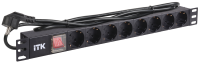 ITK PDU 8 розеток нем. стандарт, с LED выключателем, 1U, шнур 2м вилка нем. стандарт, алюминиевый профиль