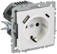 BRITE Розетка 1-местная с заземлением с защитными шторками 16А с USB A+C 18Вт РЮш11-1-БрАБ арктический белый IEK
